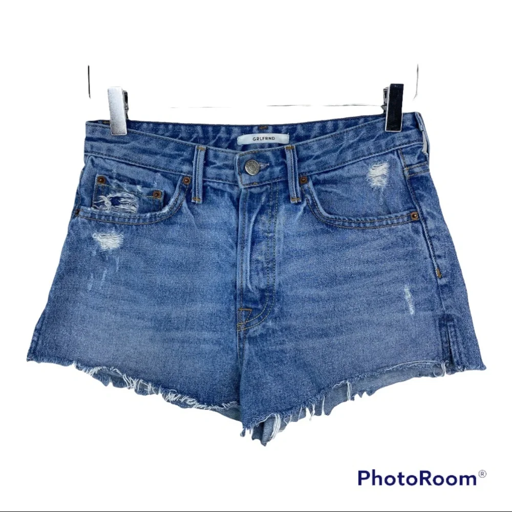 GRLFRND Cindy Buttonfly Highrise Psychedellic Shack Denim Distressed Sho…